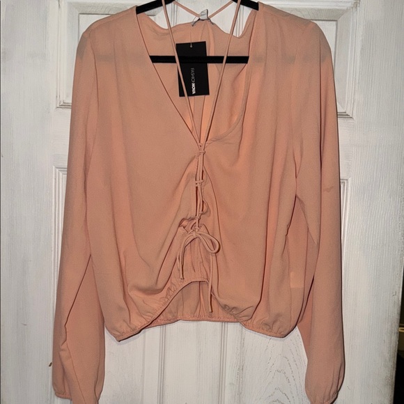Fashion Nova Tops - Fashion Nova Light Peachy Pink Lace-Up V-Neck Long Sleeve Top